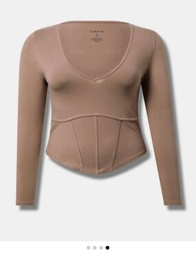 torrid Taupe Corset-Seamed V-Neck Long Sleeve Top